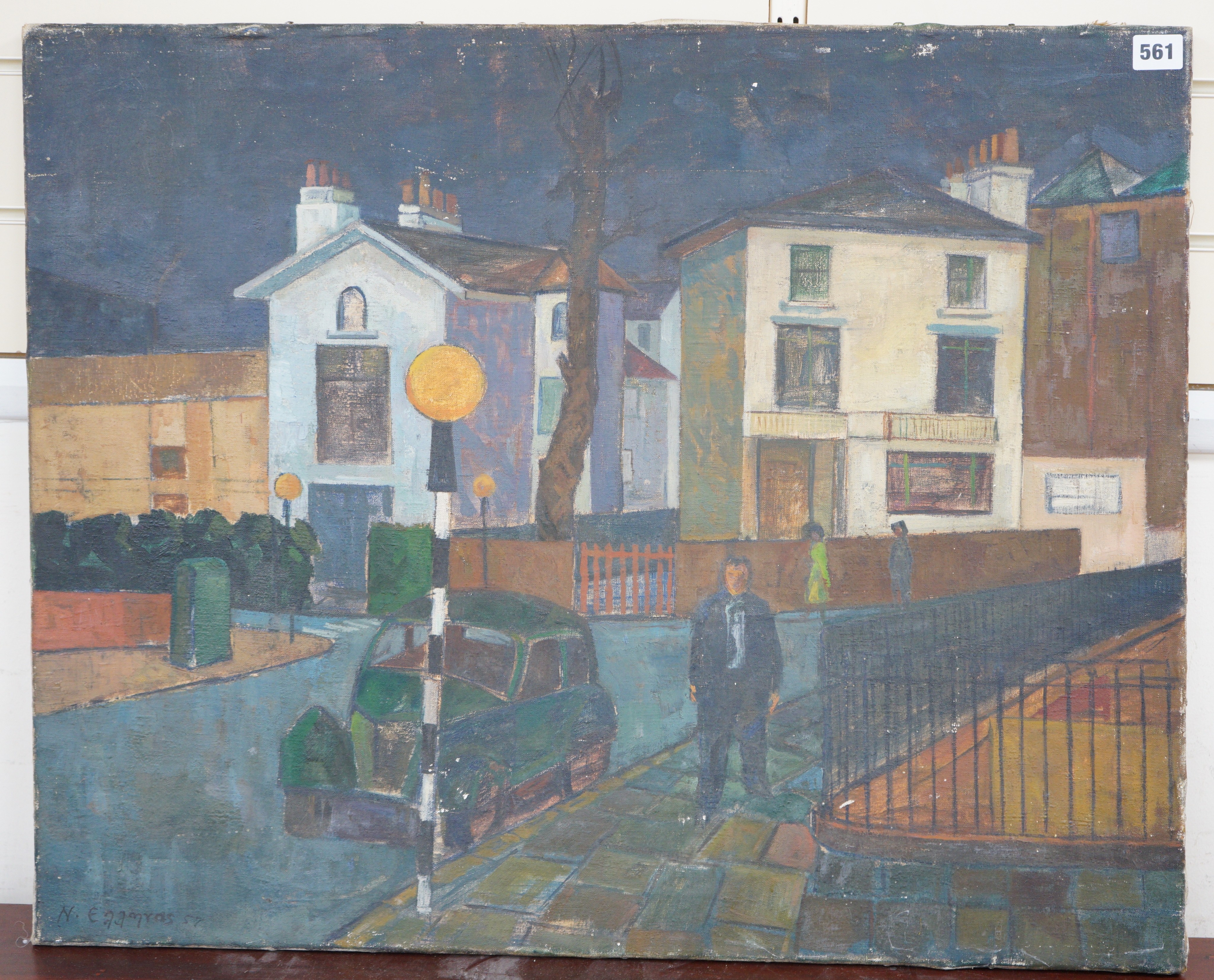 Neaamras (Modern British), oil on canvas, Street scene, signed and dated '57, a studio nude sketch verso, with examination label verso, 61 x 76cm, unframed